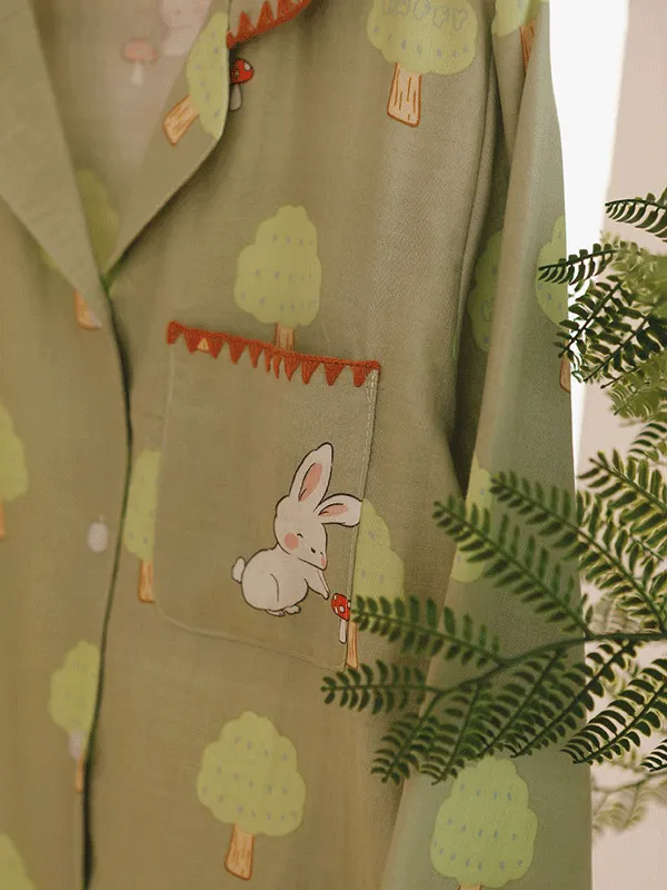 Long Sleeve Green Trees & Rabbit Print Pajama Set