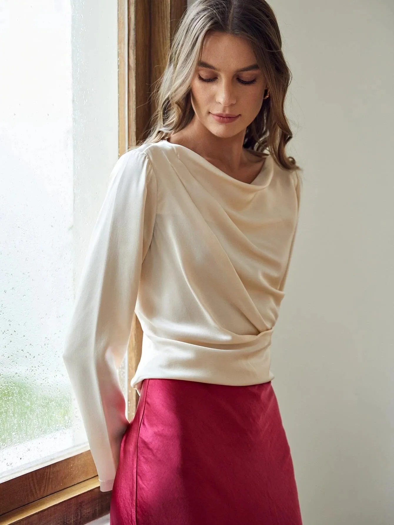 Luxury Elegant 100% Silk Round Neck Long Sleeve Draped Top Silk Shirt