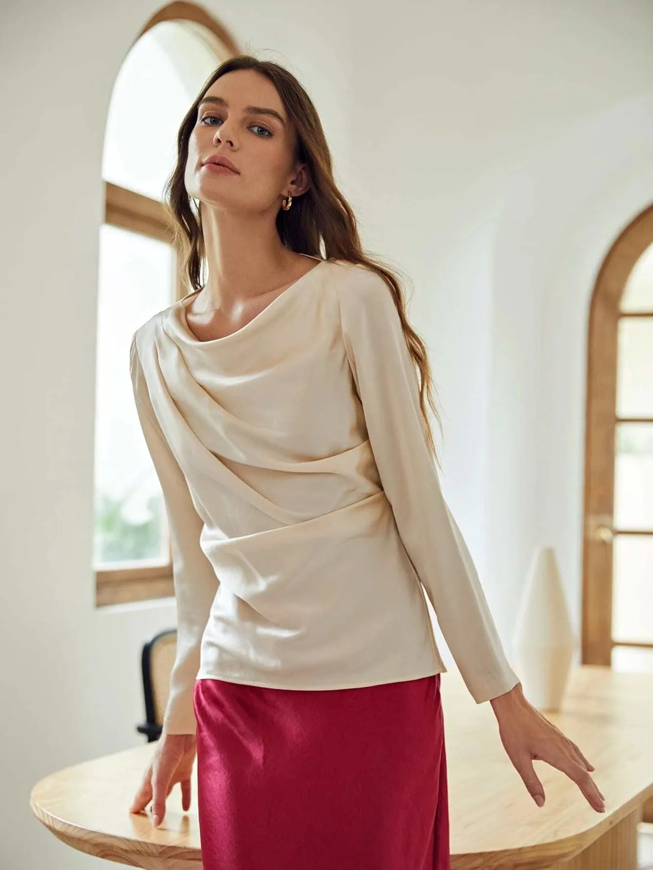 Luxury Elegant 100% Silk Round Neck Long Sleeve Draped Top Silk Shirt