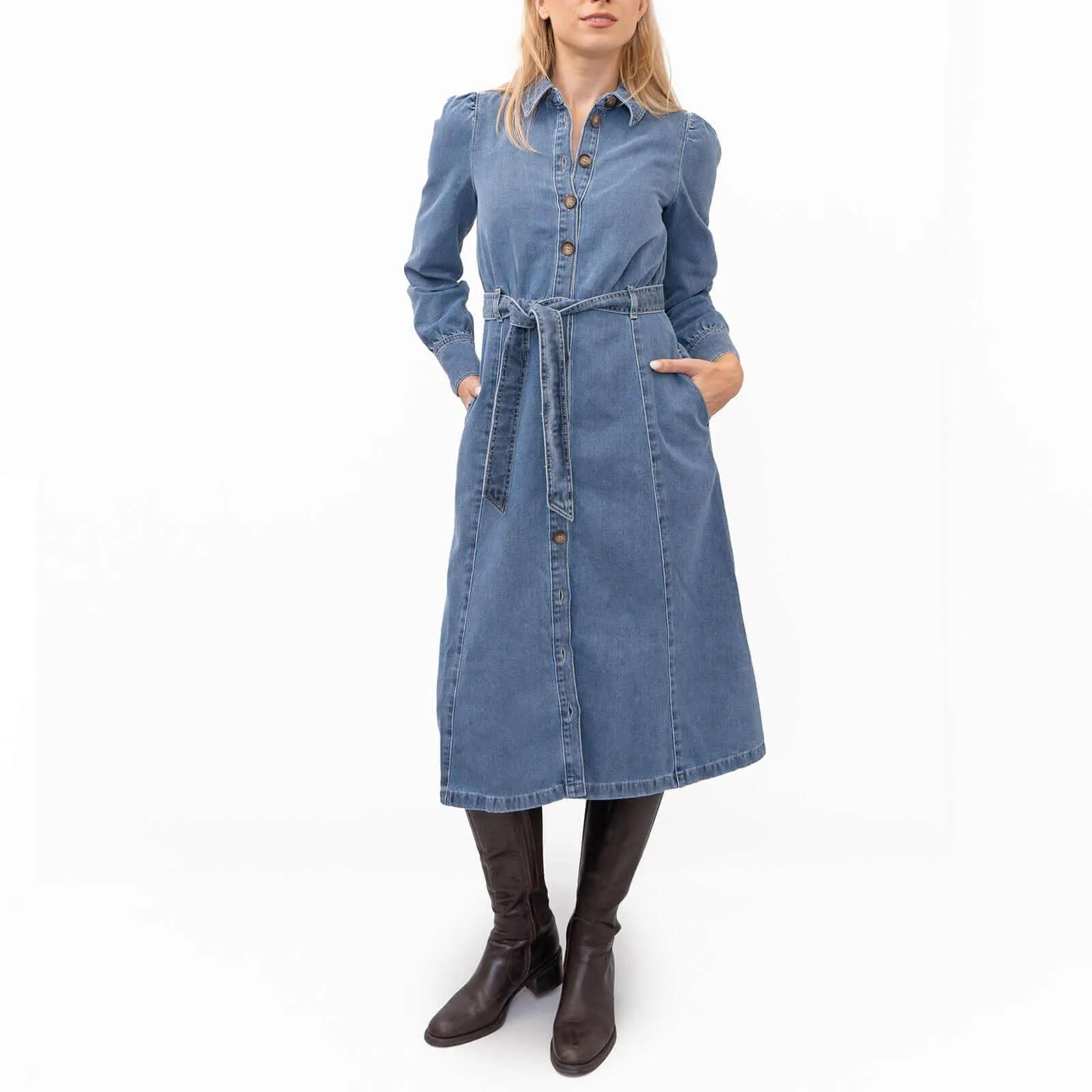 M&S Holly Willoughby Blue Washed Denim Long Sleeve Midi Shirt Dress