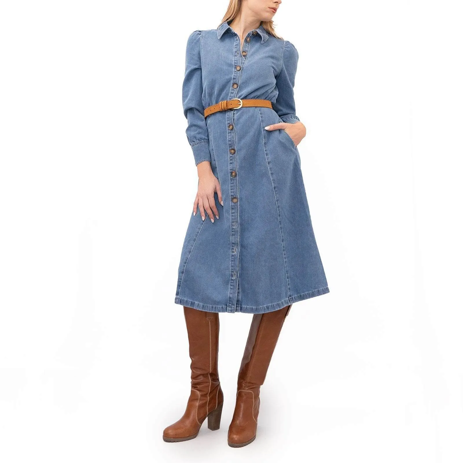 M&S Holly Willoughby Blue Washed Denim Long Sleeve Midi Shirt Dress