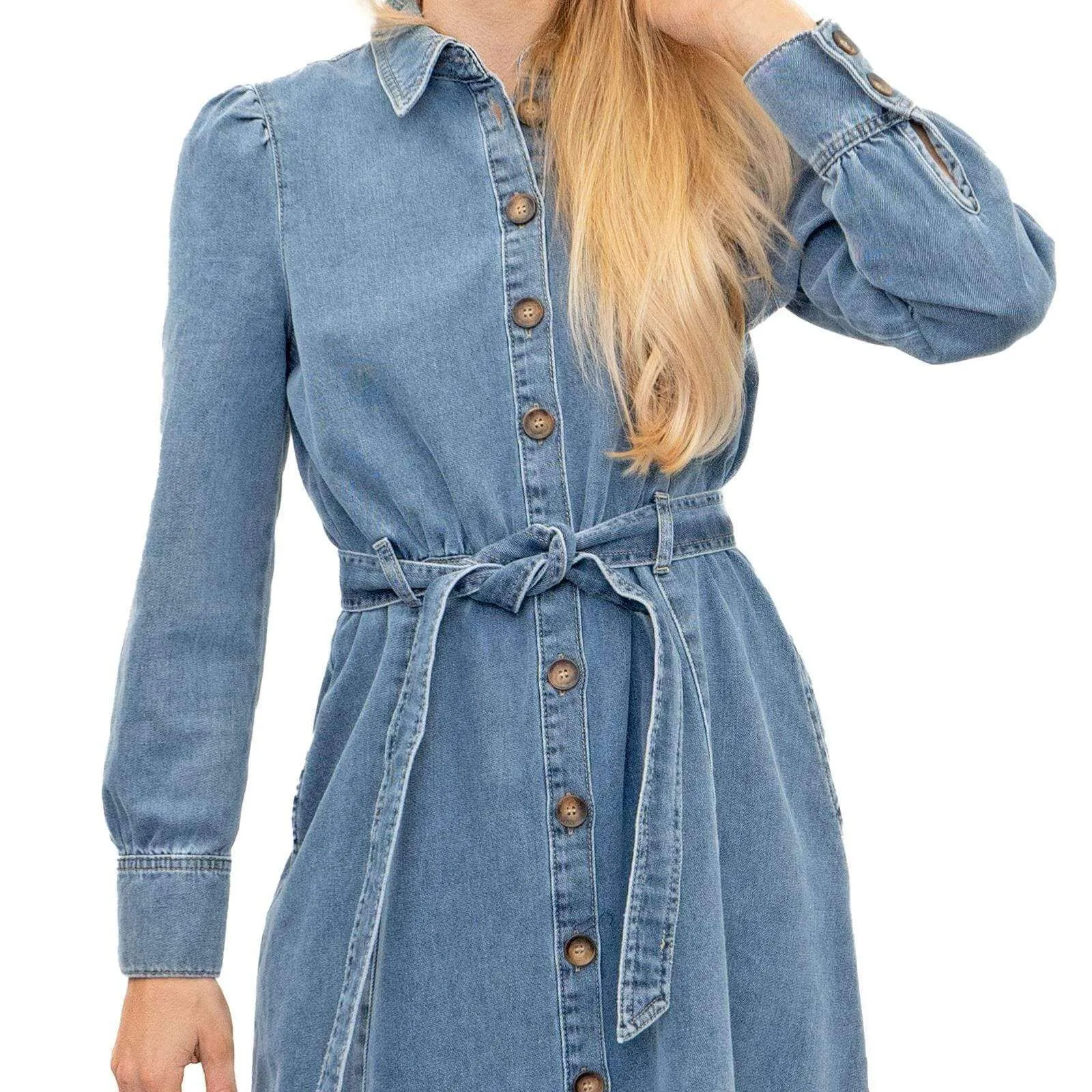 M&S Holly Willoughby Blue Washed Denim Long Sleeve Midi Shirt Dress