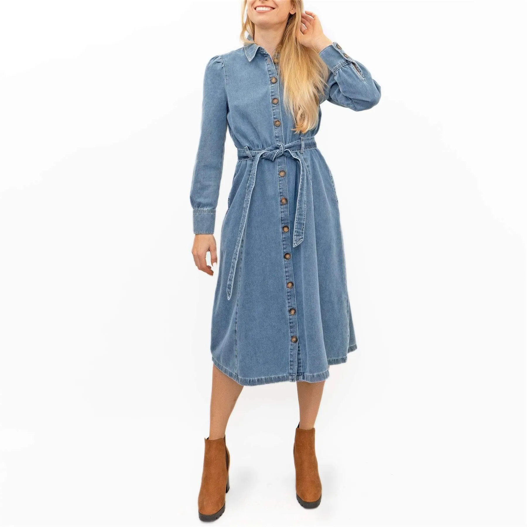 M&S Holly Willoughby Blue Washed Denim Long Sleeve Midi Shirt Dress