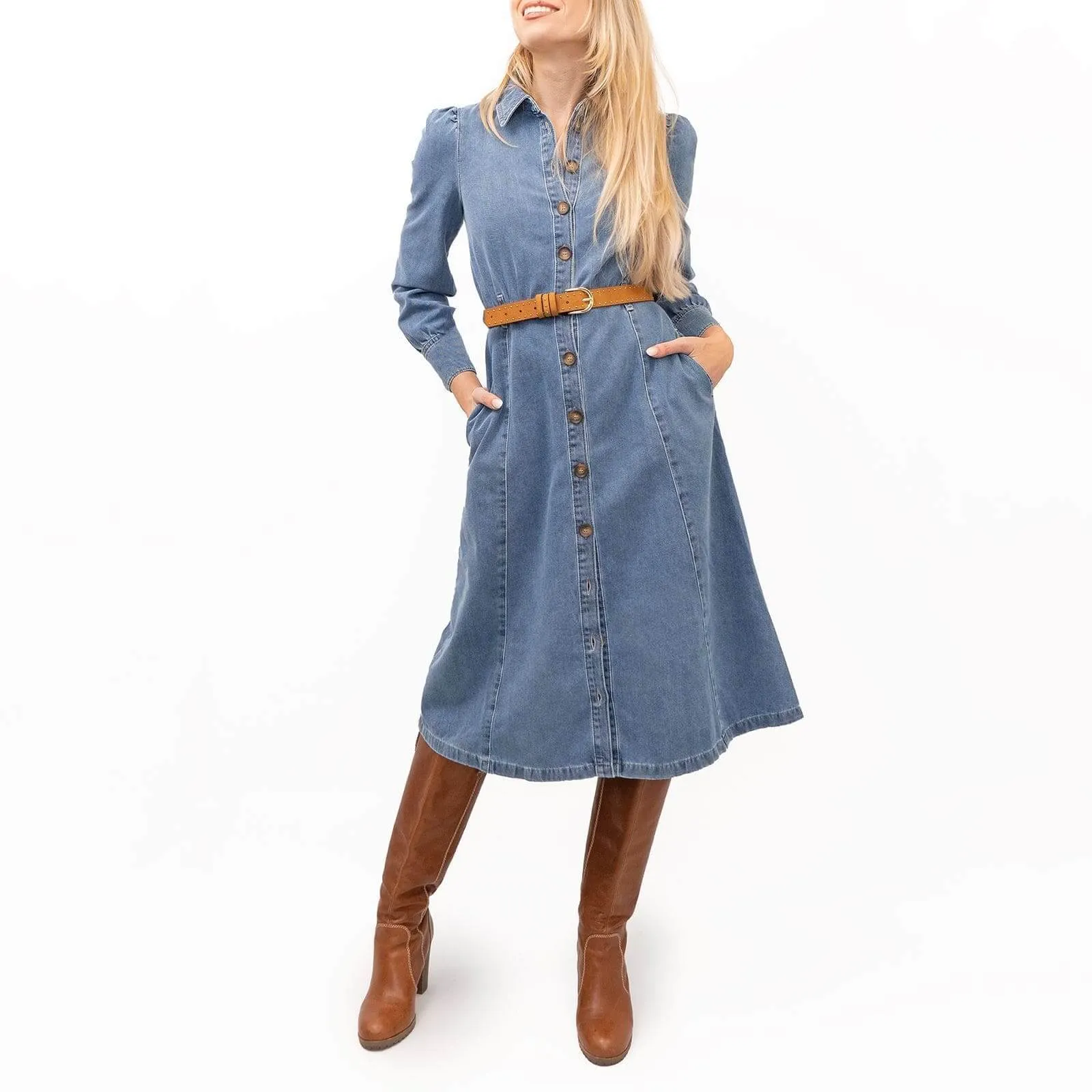 M&S Holly Willoughby Blue Washed Denim Long Sleeve Midi Shirt Dress