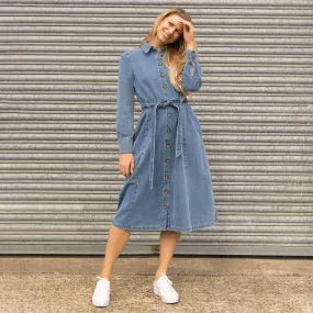 M&S Holly Willoughby Blue Washed Denim Long Sleeve Midi Shirt Dress