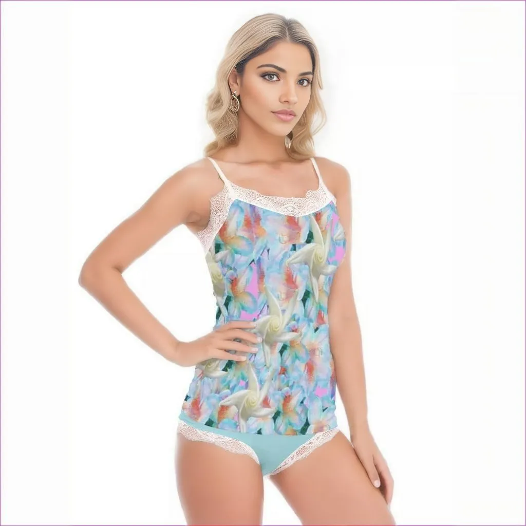 Midnight Floral Womens Pajama Set With Lace Edge