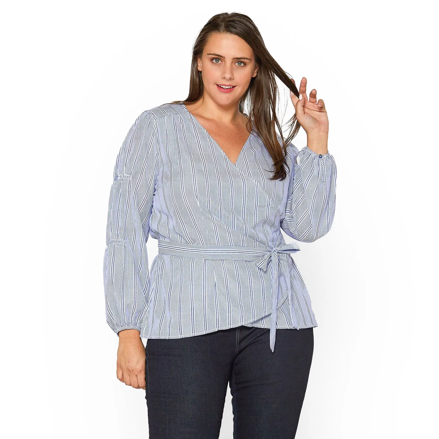 Plus Size Stripe Wrap Blouse in Blue