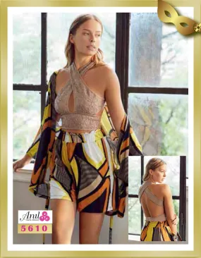 Printed Robe & Crop Top and Shorts (3pcs) 5610