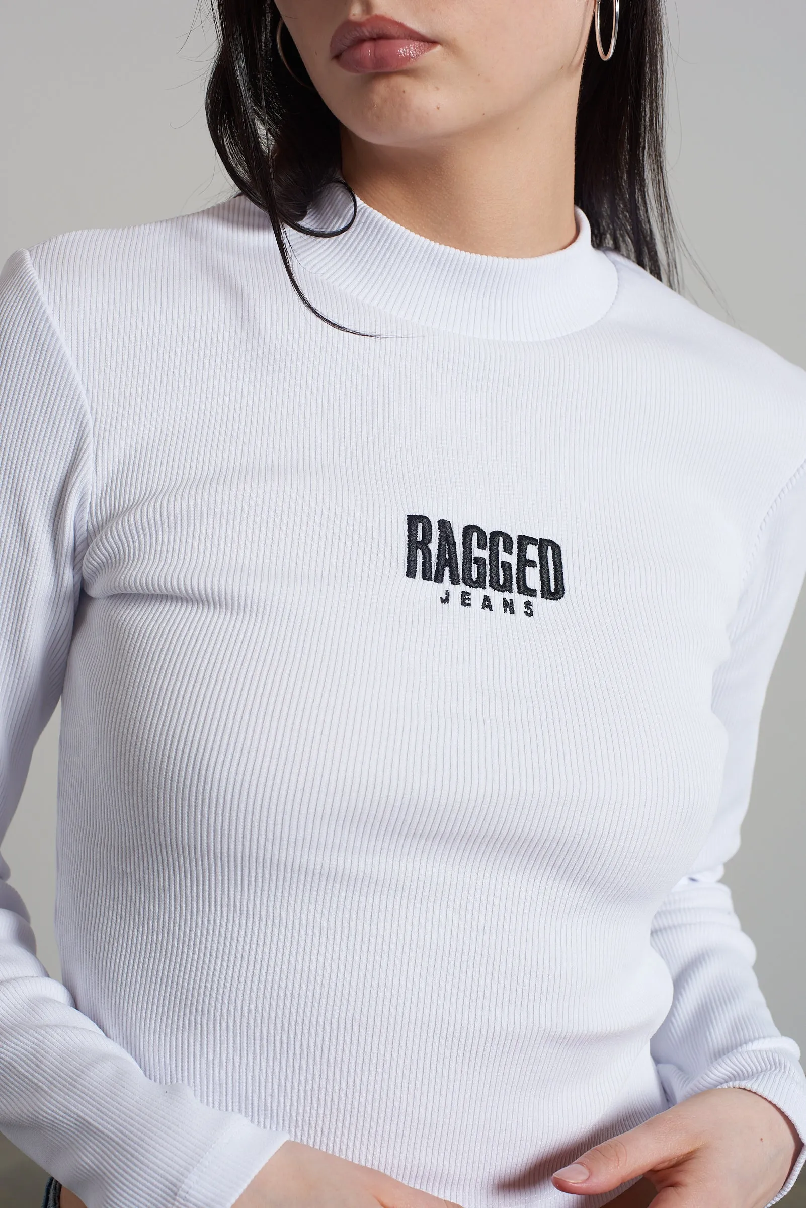 Ragged White Ribbed Long Sleeve Tee