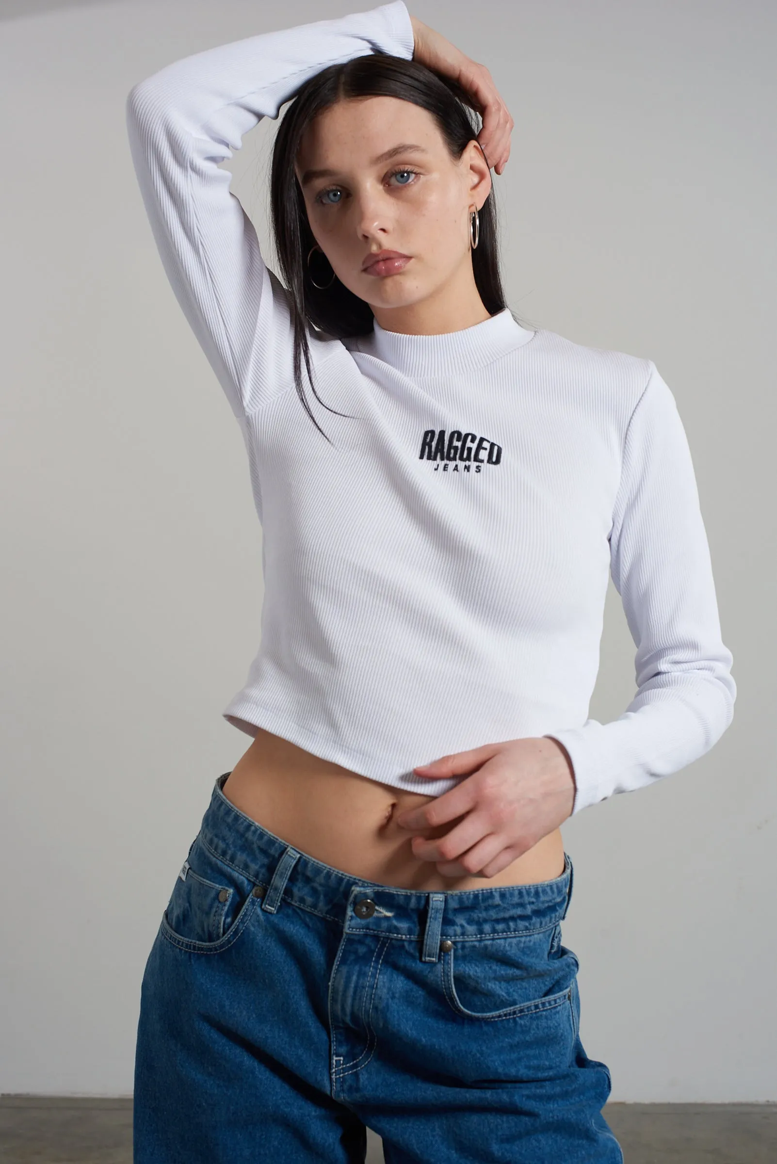 Ragged White Ribbed Long Sleeve Tee