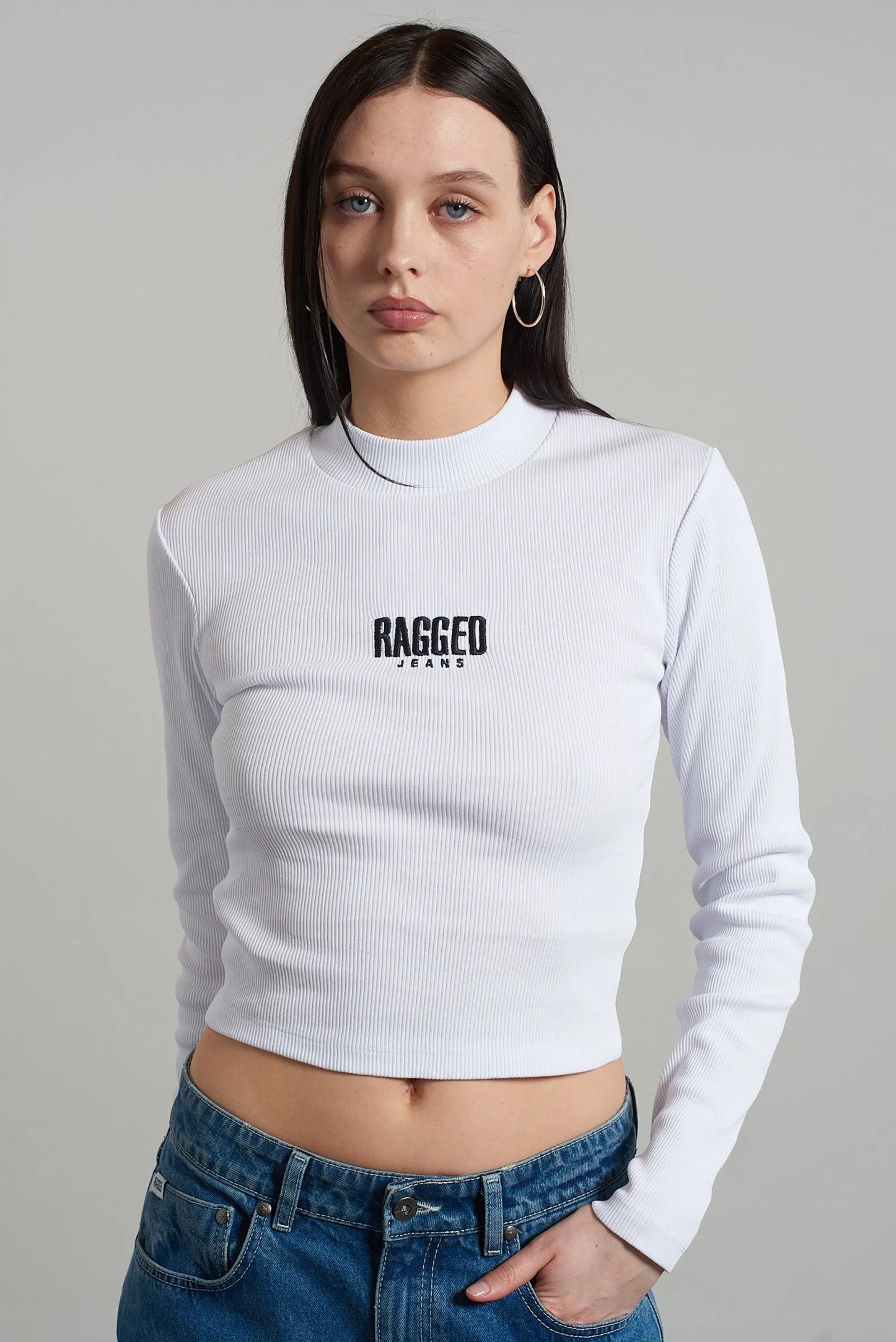 Ragged White Ribbed Long Sleeve Tee