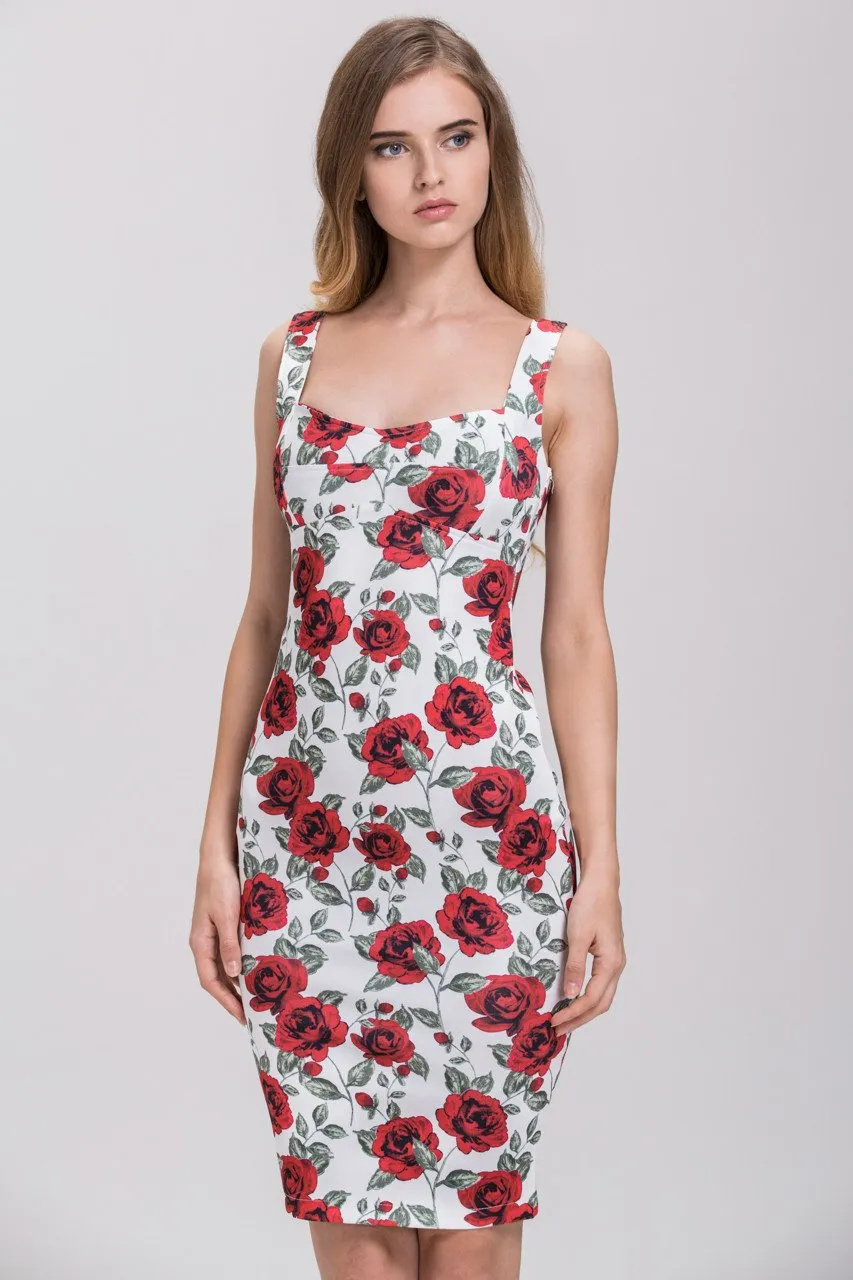 Rania Fawaz - Vintage Rose Print Pencil Midi Dress