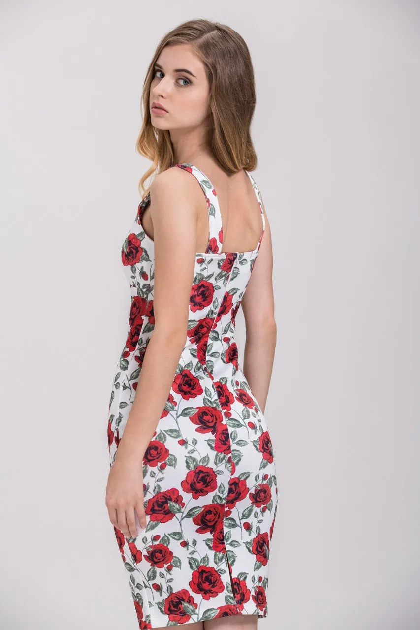 Rania Fawaz - Vintage Rose Print Pencil Midi Dress