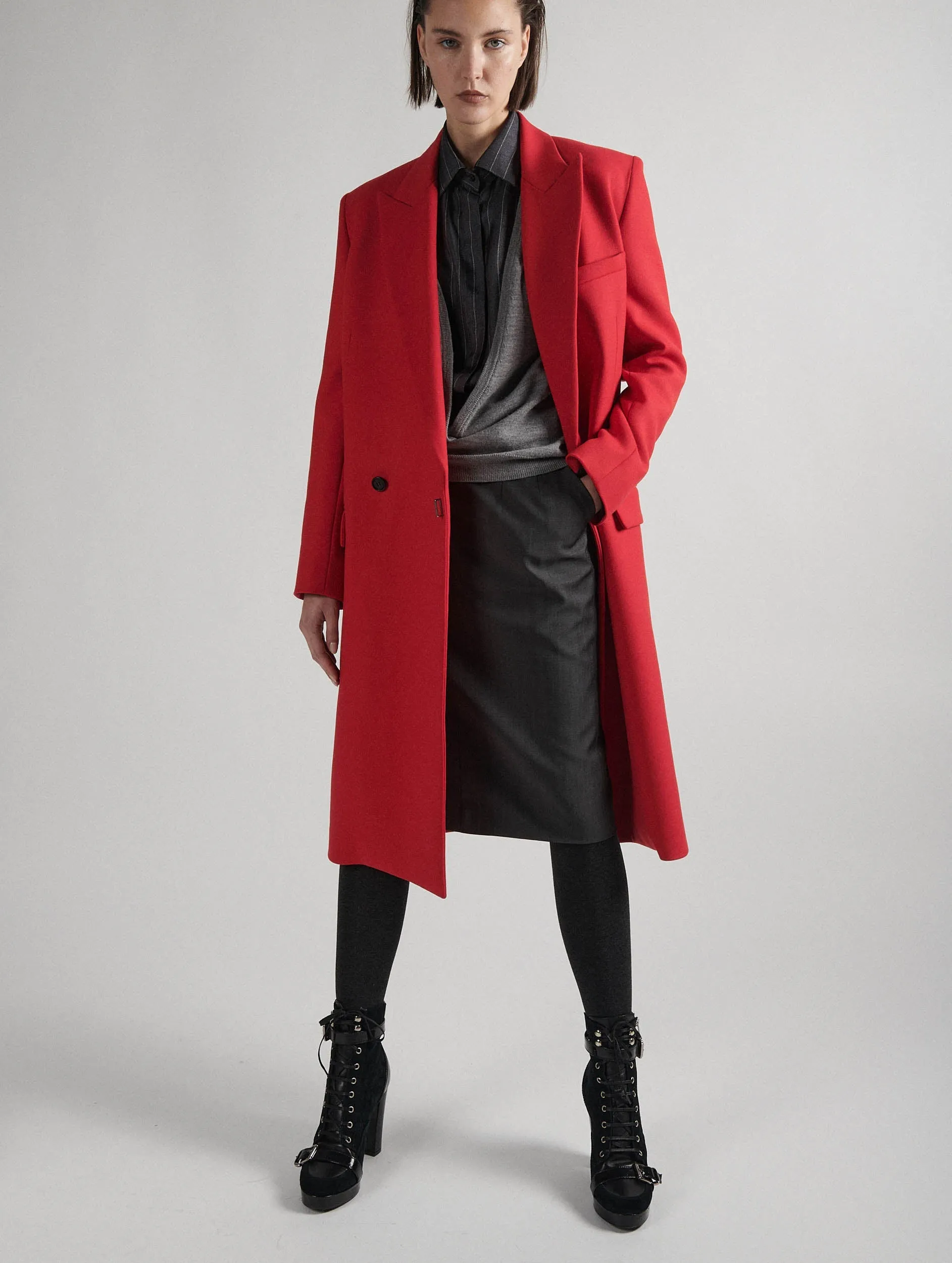 Red double gabardine overcoat