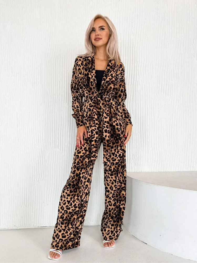 Sexy Leopard Print Cardigan Pajama Set Long Sleeve Robe