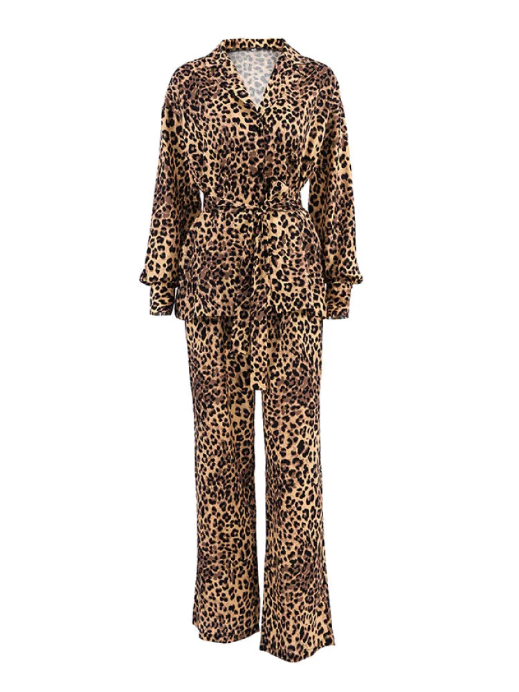 Sexy Leopard Print Cardigan Pajama Set Long Sleeve Robe