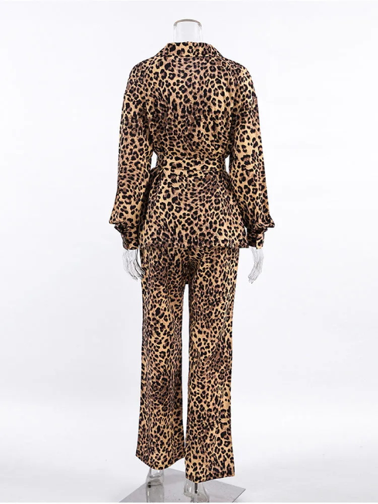 Sexy Leopard Print Cardigan Pajama Set Long Sleeve Robe