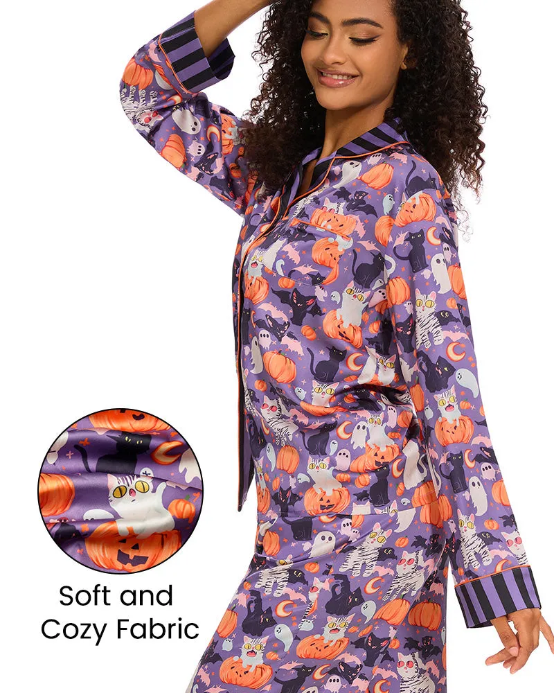 SheCurve®Halloween Print Cozy Pajama Set - Purple