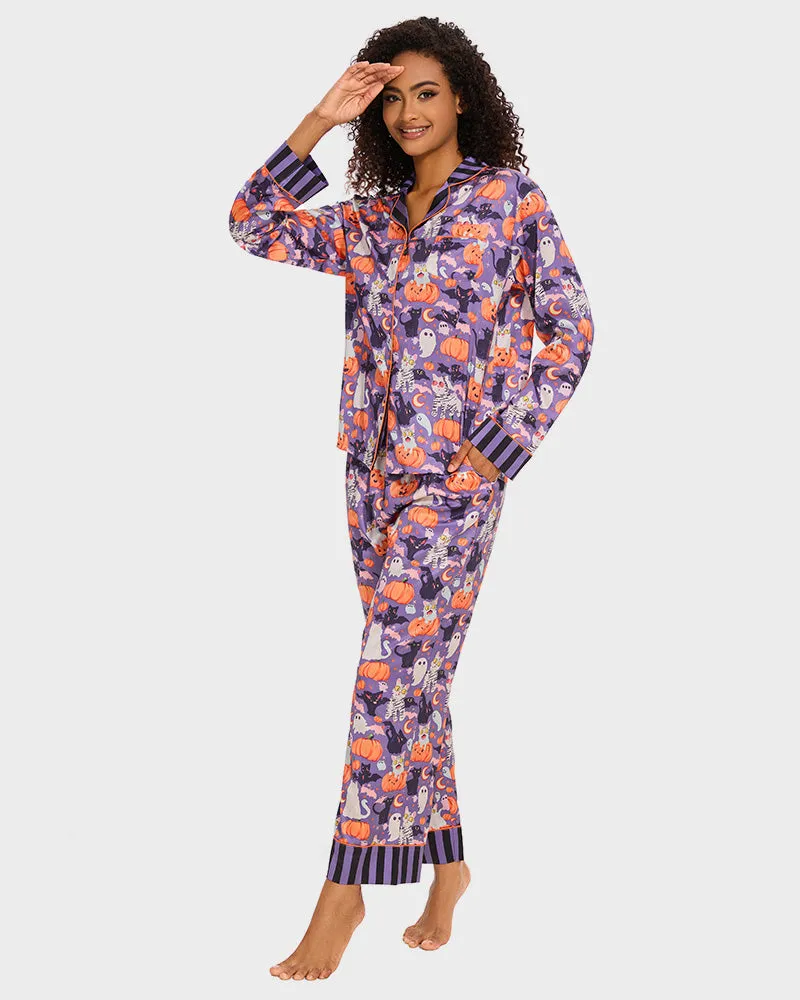 SheCurve®Halloween Print Cozy Pajama Set - Purple