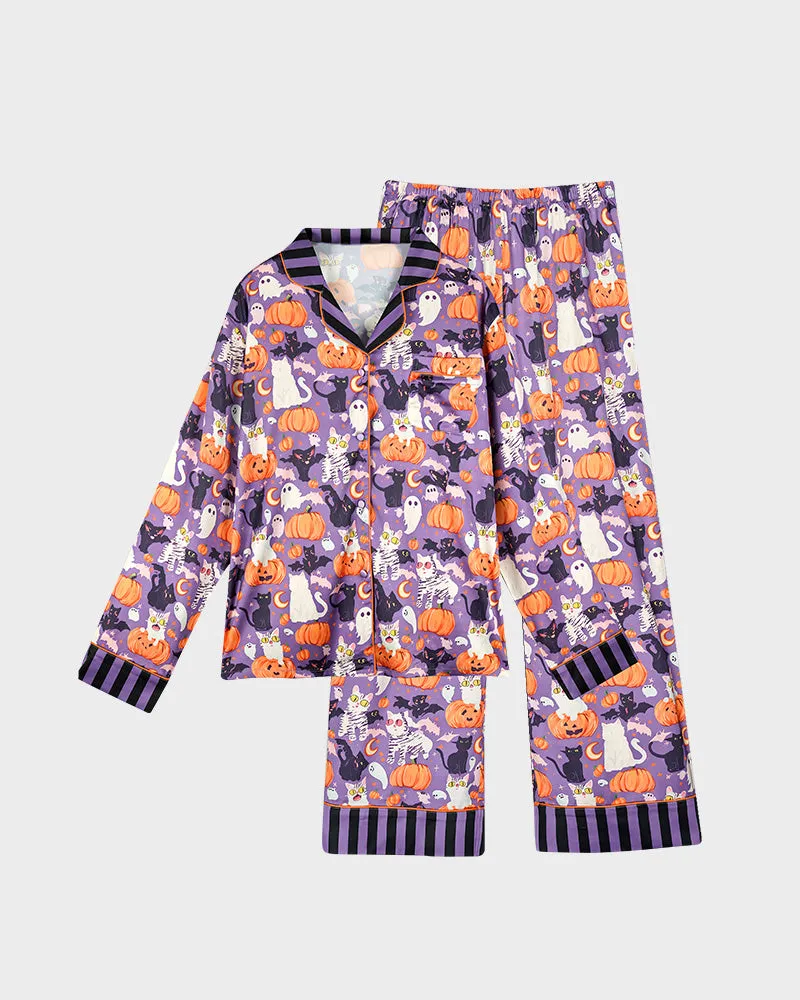 SheCurve®Halloween Print Cozy Pajama Set - Purple