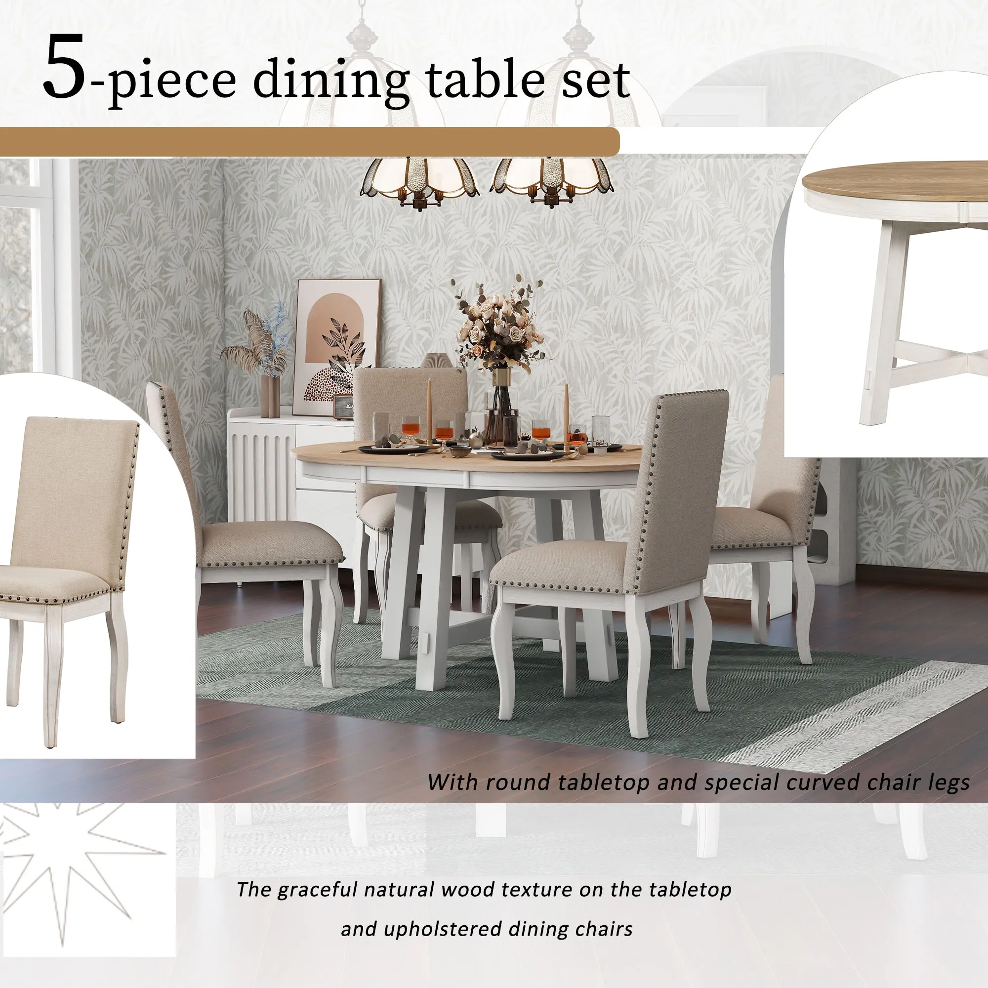 Stanley 5pc Dining Set Round Table 4x Side Chairs - White