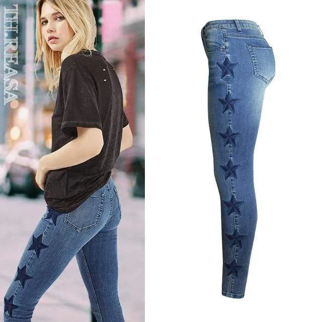 Star Pattern Side Stripe Elasticity Skinny Jeans