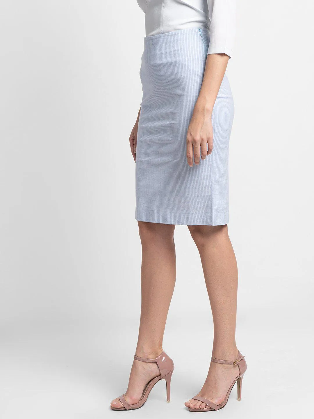 Striped Cotton Pencil Skirt - Baby Blue