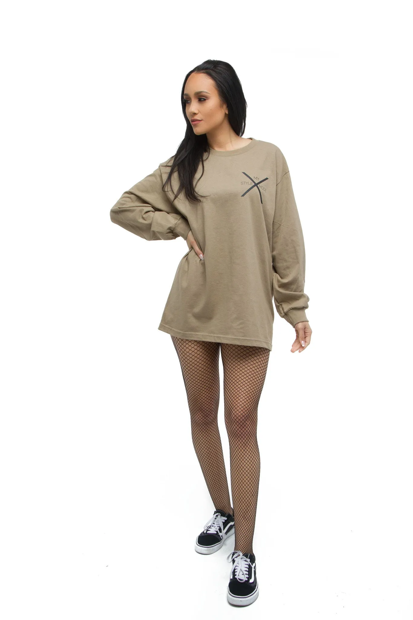 THE MYSTYLEMODE MENSWEAR TAN MSM LOGO LONG SLEEVE TEE