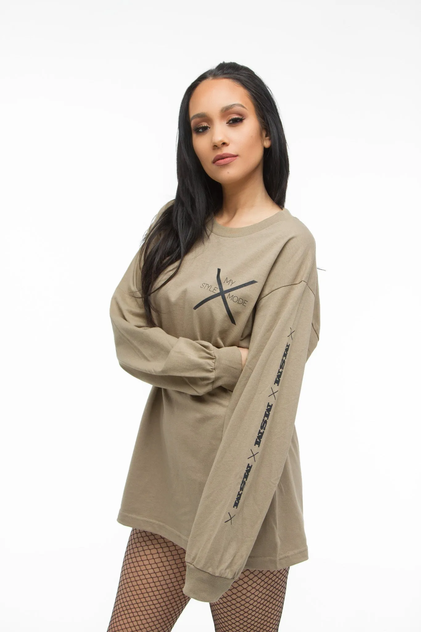 THE MYSTYLEMODE MENSWEAR TAN MSM LOGO LONG SLEEVE TEE