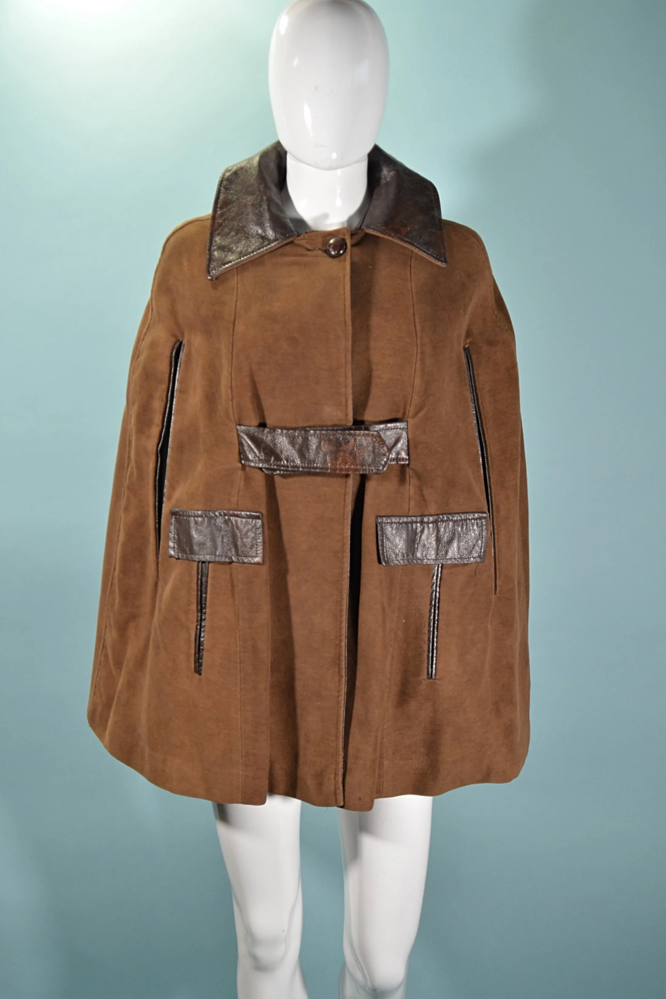 Vintage 60s Mod Brown Cape, Vinyl Trim  Pockets