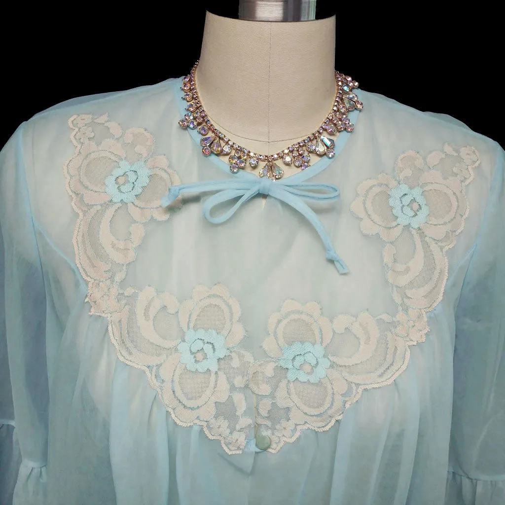 *VINTAGE FANCY DEENA IVORY & BLUE LACE APPLIQUES PEIGNOIR IN NEPTUNE