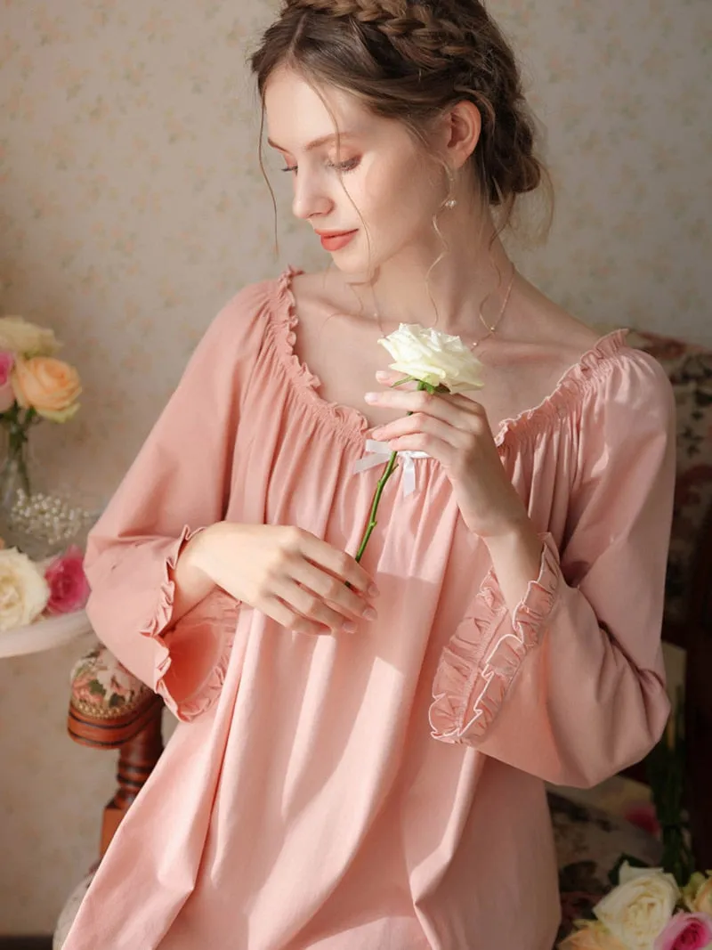 Vintage French Nightdress, Cotton Victorian Nightgown, Women Long Sleeves Loose Ruffles Princess Vintage Nightgown