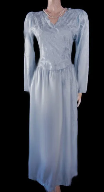 *VINTAGE WOODWARD SATIN FLORAL EMBROIDERED SCALLOPED NIGHTGOWN IN TWILIGHT