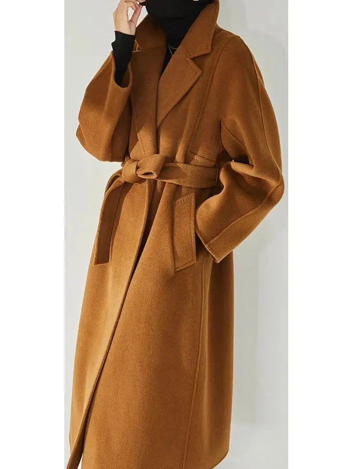 Women’s Belted Cashmere Wool Wrap Coat, Dark Caramel