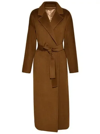 Women’s Belted Cashmere Wool Wrap Coat, Dark Caramel