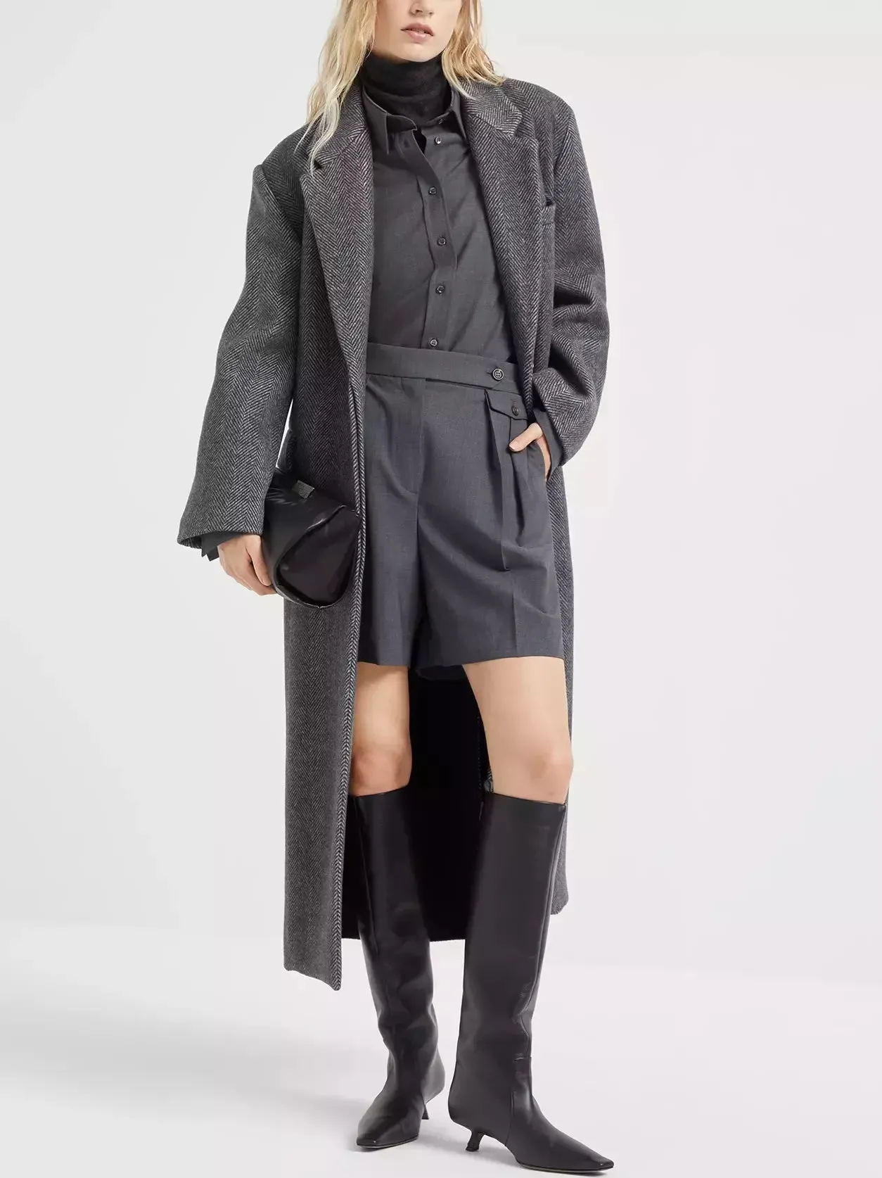 Women’s Belted Herringbone Pattern Long Wool Coat