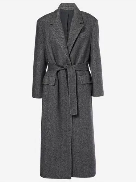 Women’s Belted Herringbone Pattern Long Wool Coat