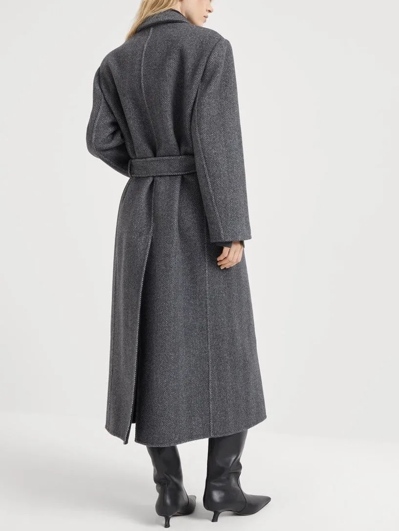 Women’s Belted Herringbone Pattern Long Wool Coat