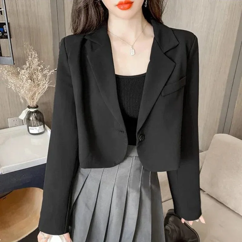 Women's Cropped Blazer – Solid Color Single-Button Long Sleeve Office Suit Jacket