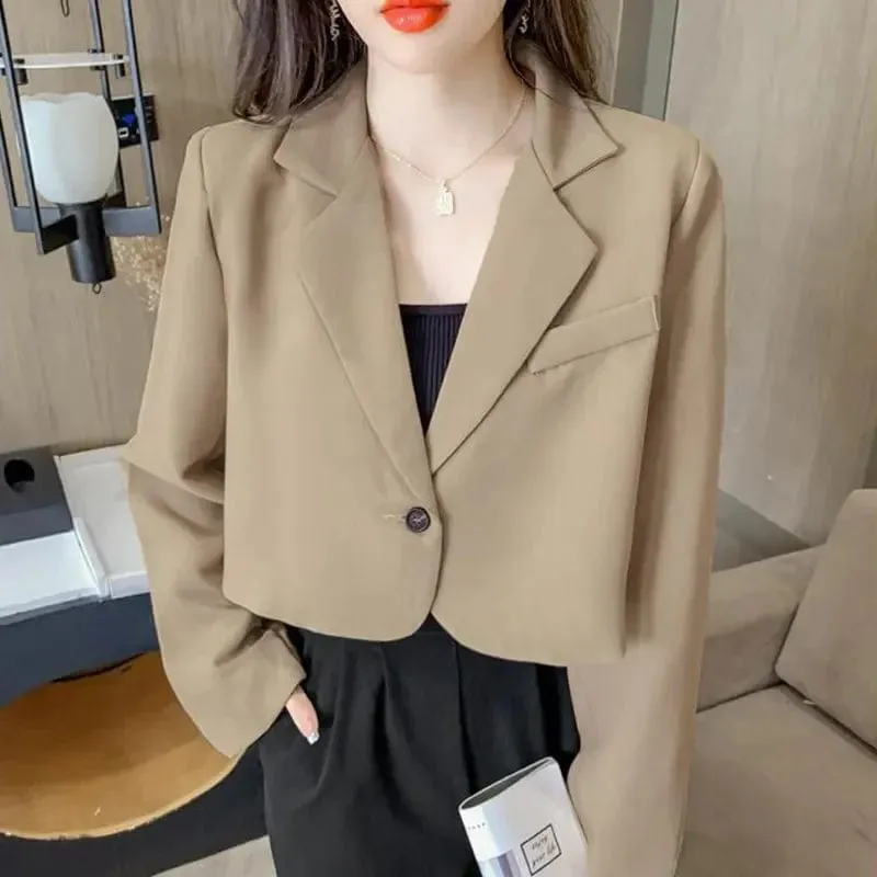 Women's Cropped Blazer – Solid Color Single-Button Long Sleeve Office Suit Jacket