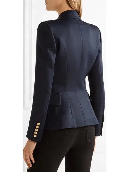 Women’s Double-Breasted Cotton-Blend Blazer-Dark Blue