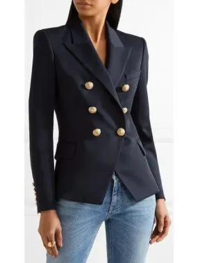 Women’s Double-Breasted Cotton-Blend Blazer-Dark Blue