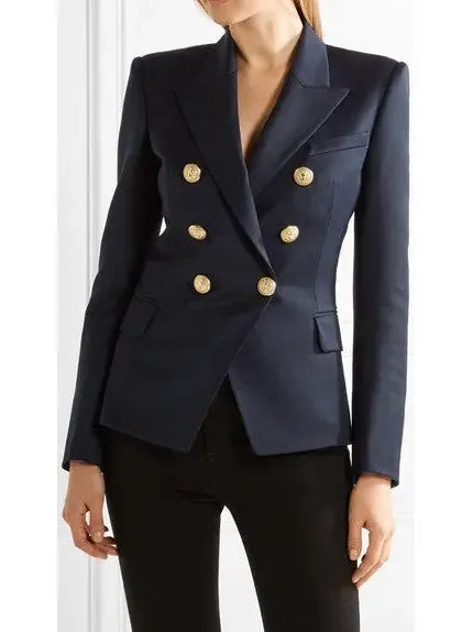 Women’s Double-Breasted Cotton-Blend Blazer-Dark Blue