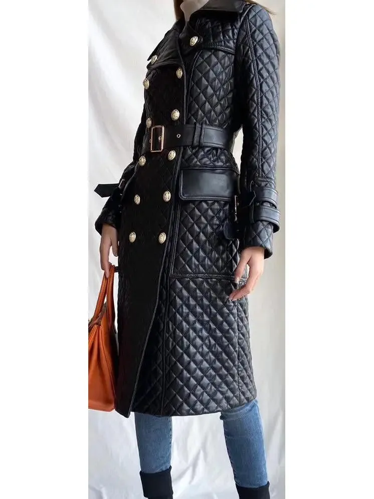 Women’s Double-Breasted Quilted-Leather Trench Coat