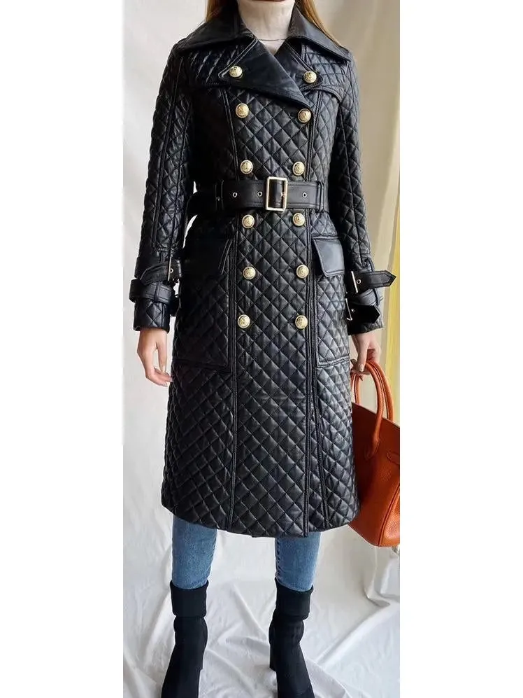 Women’s Double-Breasted Quilted-Leather Trench Coat